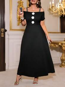 SHEIN Clasi Plus Size Women 3D Flower Decor Tube Top Dress - Black - View 4