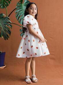 SHEIN Young Girls' Sweet Cherry Print Puff Sleeve Dress, Summer - Multicolor - View 3