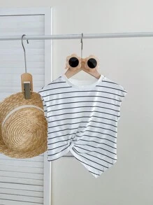 SHEIN Babygirl 夏季可爱百搭针织扭纹条纹背心 - 黑與白 - 查看 1