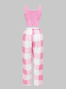 ROMWE Kawaii 甜心可爱女孩舒适温暖心形图案刺绣吊带背心和格子睡裤套装，休闲家居服 - 粉色 - 查看 2