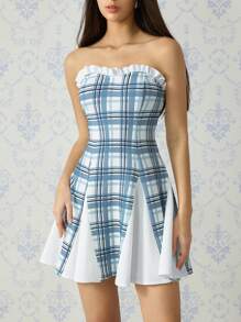 SHEIN MOD Vestido sin tirantes con aplicaciones de encaje, cuello y patchwork de cuadros