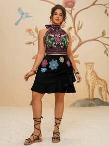 Travachic Plus Size Black Ruffle Skirt With Colorful Floral Embroidery Detail For Women