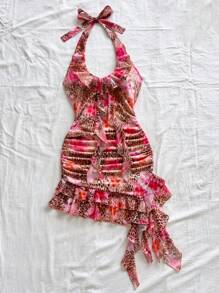 Soleia Women's Summer Vacation Dress, Pink Ruffle Halter Mini Dress, Beach Resort Dress,Vacation Outfits Woman - Multicolor - View 4