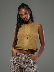 MUSERA Großer Knopfdetail Knopfverschluss ärmellose Strick Oberteil Häkel Oberteil Frühling Sommer