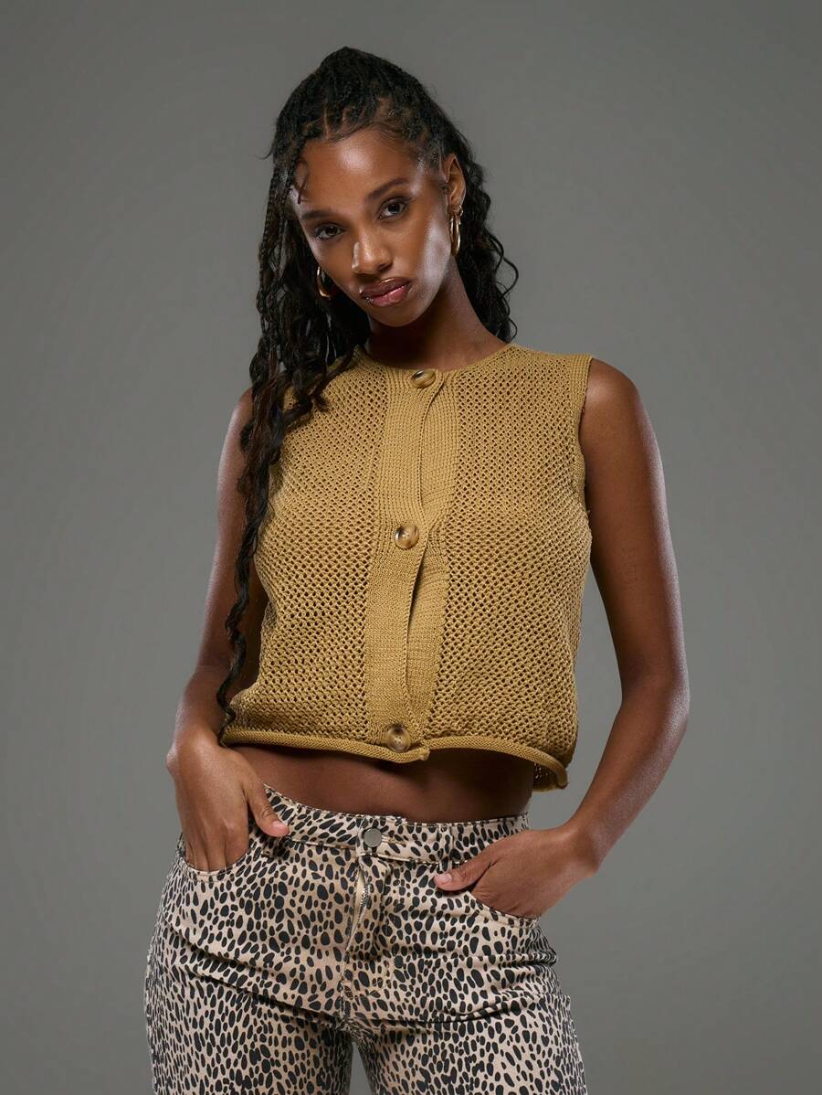 MUSERA Large Button Detail Button Up Sleeveless Knit Top Crochet Top Spring Summer - Olive Green - View 1