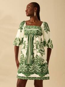 CAJUNI Women's Boho Tropical Green Plant Print, Lantern Sleeve Short Mini Dress, Casual Beach Summer Dress