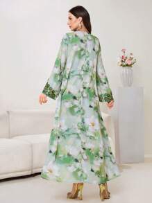 Al Najma 女士优雅花卉刺绣贴片亮片装饰宽松 Jalabiya 连衣裙，朴素的长袍 - 彩色 - 查看 3