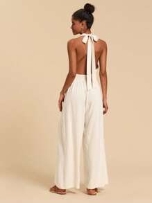 Travachic 净色露背挂脖连体裤 - 杏色 - 查看 2