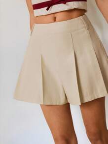 Poéselle Quần short xếp ly trơn màu cho nữ, thời trang tối giản để mặc hàng ngày, quần short xếp ly cạp cao thanh lịch - Màu Khaki - Xem 3
