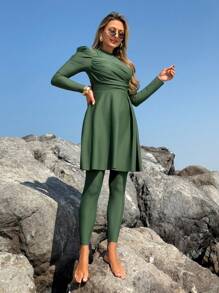 Swim Mulvari Women's Solid Color Loose Long Sleeve Top And Full Length Pants Burkini Swimsuit Set, Beach Vacation, SummerArabic Clothing - Dark Green - View 6