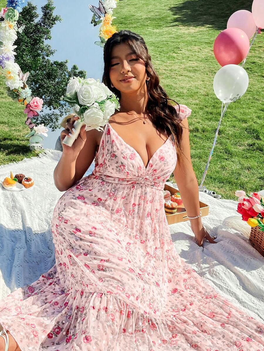 SHEIN Clasi Plus Size Women's Romantic Ditsy Floral V-Neck Waist Cinched Dress, French Style Elegant, For Spring - Pink - View 1