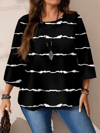 EMERY ROSE Blusa suelta de manga tres cuartos con estampado de rayas de Body entero y cuello redondo, adecuada para primavera y verano, tallas grandes