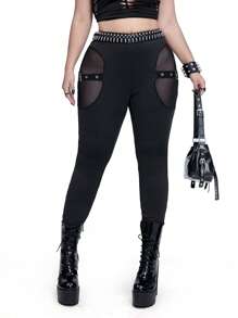 Whyspr Casual Punk Gothic Punk Hollow-Out Mesh Elastic Waist Casual Solid-Color Leggings