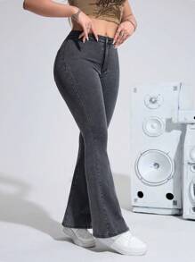 SHEIN Privé Pantalones vaqueros de campana ajustados con efecto desgastado lavado