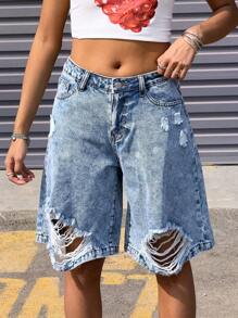 SHEIN Teen Girls Light Wash Denim Bermuda Shorts With Pockets And Distressed Details - Light Wash - View 4