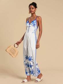 Travachic 春夏复古印花露背阔腿女连体裤 - 藍白色 - 查看 6