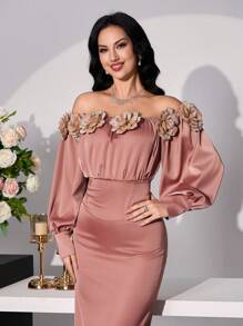 Modelyn Damska sukienka midi z odkrytymi ramionami i plisowaną talią w kwiaty, elegancka
