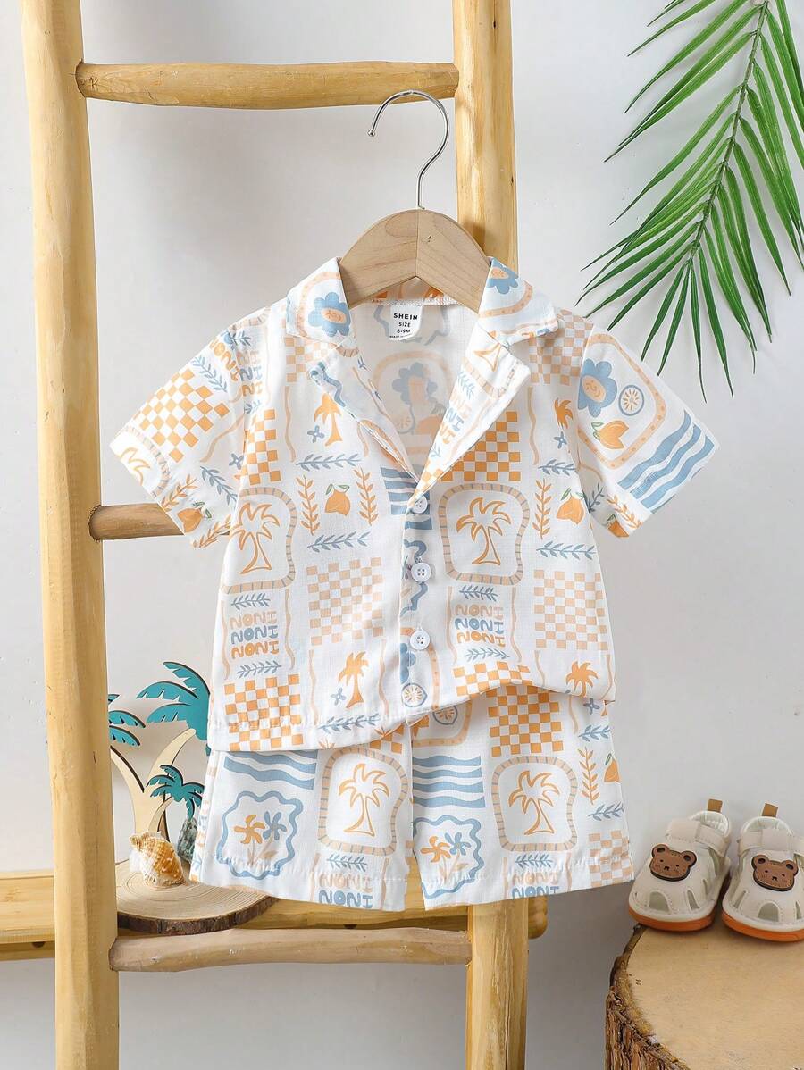 Vintaside Kids Baby Boy Spring/Summer Fresh Style Set - Turndown Collar Open Front Short Sleeve Plant Print Shirt And Matching Shorts, Casual Outfit For Outdoor Play, Home Comfort, Casual Gathering