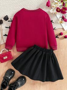 SHEIN 2pcs/Set Girls Casual Cute Butterfly Print Round Neck Long Sleeve Bow Decor Drop Shoulder Thin Sweatshirt And Skirt Set, Autumn/Winter