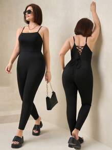 SHEIN Clasi Mono tipo jumper con corte en la espalda, tirantes de espagueti y elástico, para mujer de talla grande, atuendo elegante para el día a día, primavera/verano - Negro - Ver 1