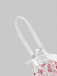 ROMWE Kawaii Sweetheart Pastoral Style Girl Cherry Full Print Lace Stitching Bowknot Sexy Dress Set - Multicolor - View 4