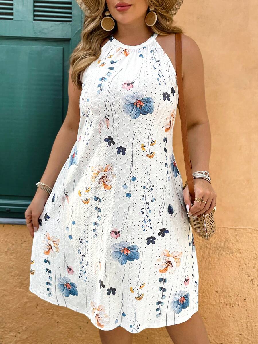 SHEIN VCAY 大码浪漫花卉提花印花短款露背针织度假海岛连衣裙复活节服装、女士演唱会服装、纳什维尔服装、伊比沙岛服装、女士西部服饰、波西米亚风、波西米亚风、牛仔女郎服装、Cottagecore 女士春季服装、女士夏季服装、女士沙滩装、女士早午餐服装、女士机场服装、太阳裙、度假连衣裙、女士白色连衣裙、女士夏季服装、女士服装、夏季连衣裙、女士连衣裙、沙滩裙、太阳裙、假日服装 - 白色 - 查看 1