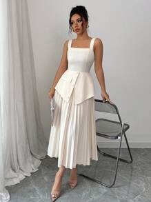 Elenzga 女士优雅方领褶皱腰开衩下摆连衣裙，优雅适合度假、日常穿着或婚礼季节 - 黃色 - 查看 2