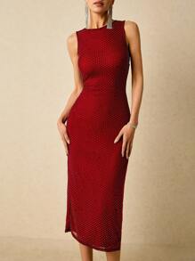 Poéselle Vestido largo informal con abertura lateral y detalles brillantes en color borgoña - Perfecto para eventos formales, fiestas de noche y citas - Burdeos - Ver 5