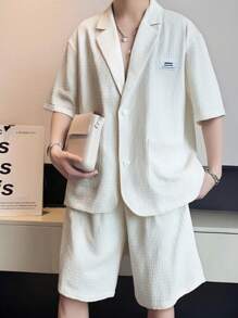 SHEIN Leap Crew Teen Boys Gentleman Suit, Casual, Collegiate, Comfortable, Fashionable, Versatile, Suitable For Daily Wear, School, Outdoor Activities, Sports, Valentine's Day Party, Beach Holiday - Beige - View 2