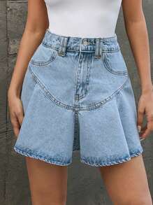 RueChic WOMEN MID WAIST FLOUNCE DETAIL DENIM SKIRT - Light Wash - View 5