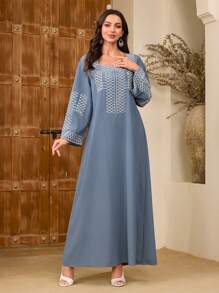 Al Najma Women's Geometric Embroidered Long Sleeve Sweetheart Neck Elegant Arabic Style Dress, Kaftan & Jalabiya - Dusty Blue - View 7