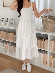 DAZY 女士优雅白色吊带连衣裙，A字型设计，搭配露脐上衣，两件套，夏季修身款 - 白色 - 查看 3