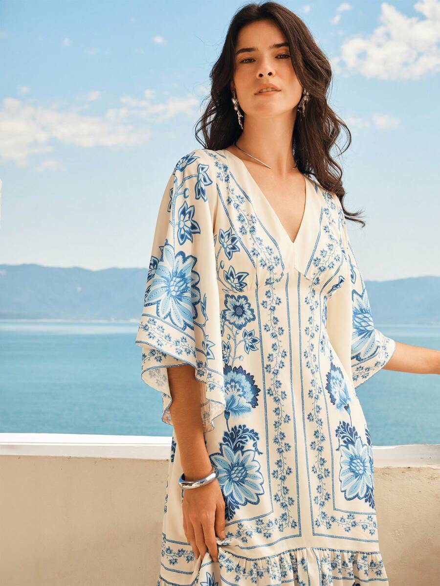 CAJUNI Đầm dài hở lưng họa tiết hoa nhiệt đới Boho cho nữ, cổ chữ V, tay cánh dơi, dành cho kỳ nghỉ hè, màu be