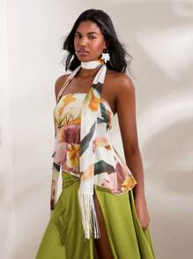 Opulessa 针织网眼印花不对称下摆女式背心 - 白色 - 查看 1