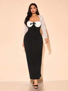 SHEIN BAE Plus Size Women's Elegant Black Lace Patchwork Bra Top And High Slit Skirt Two Pieces Set, Sexy Outfits For Summer, Vacation, Wedding, Graduation, Y2K, Party, Spring Break Outfits, Easter Outfits For Women, Concert Outfits For Women, Plus Size Corset Tops