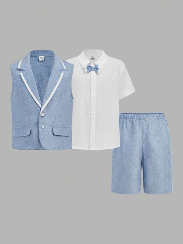 SHEIN 3 Stücke Tween Jungen-Farbblock-Kontrast-Kragen-Weste, Hemd mit umgeklapptem Kragen, Shorts Herrenschnitt, modisch vielseitig passend für Hochzeiten, Zusammenkünfte, Feiertage im Sommer
