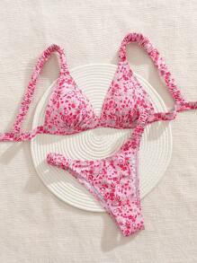 Swim Mod 2pcs Ruffle Ditsy Floral Pattern Sexy Bikini Suit, Women Vacationing/Party Swimwear Halter Top And Bottom Set For Summer