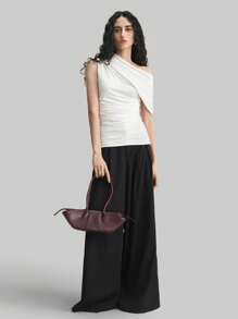 Ontre Women Solid Color Knit Asymmetric Neck Ruffle Hem Blouse - White - View 7