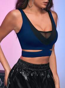 Menodora SHEIN Sport Women's Contrast Color Splicing Mesh Hollow Design Daily Fitness Sports Bra - Navy Blue - View 5