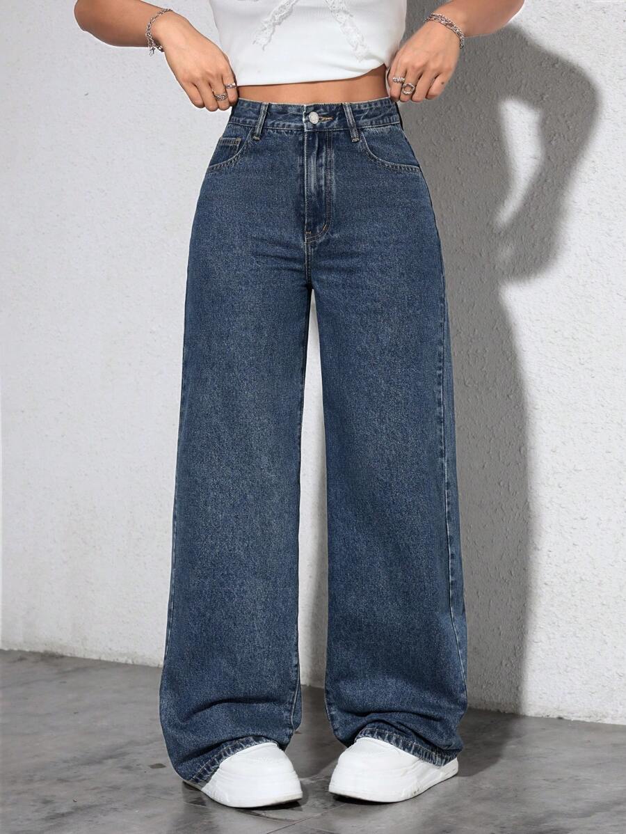 SHEIN ICON 女士口袋阔腿宽松休闲百搭牛仔裤