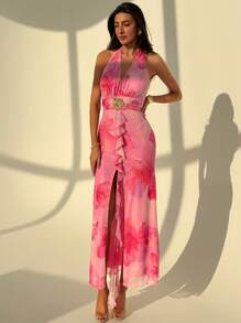 Aloruh Ropa de mujer con estampado de malla floral sexy con escote profundo en V, cuello halter, tirantes, abertura larga y volantes para el Día de San Valentín