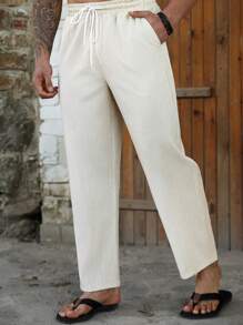 Manfinity Homme Plus Size Men's Casual Striped Front Tie Pocket Pants, Daily Wear - Apricot - View 4