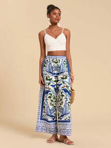 Travachic Tropical Flora And Fauna Printed Women's Wide Leg Pants Blue And White Printed Holiday Style Women's Clothing Summer Dresses For Women Women Maxi Dresses Long Summer Dresses For Women Vacation Women Maxi Dresses Spring Dresses For Women Women Maxi Dresses Dresses For Women Summer Women Maxi Dresses - Multicolor - View 6
