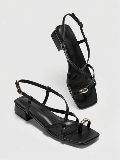 CUCCOO BIZCHIC 女士方头凉鞋，金属铆钉带，黑色时尚一脚蹬高跟鞋，适合学生/通勤、夏季、万圣节、派对