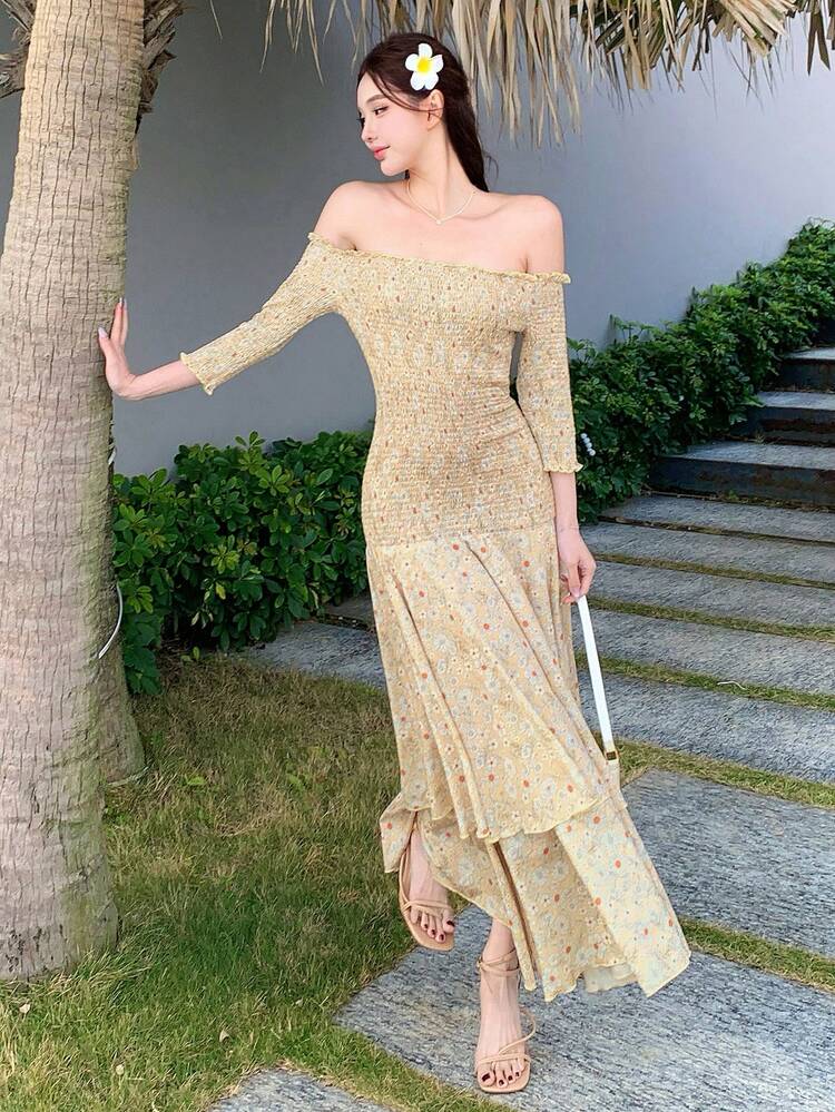 Bohemian Style Vacation Plant & Ditsy Floral Ruffled Off Shoulder Bodycon Dress For Women Summer Dress Boho
