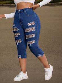 SHEIN SXY Quần Jeans Skinny Họa Tiết Da Báo Gợi Cảm Cho Nữ Cỡ Lớn - Màu xanh lam - Xem 4