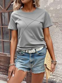 SHEIN LUNE Solid Round Neck Round Neck Short Sleeve Tee