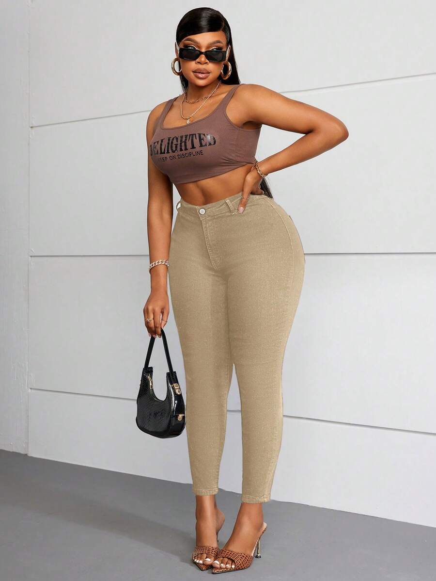 SHEIN Essnce 女式高腰紧身休闲百搭牛仔裤 - 卡其色 - 查看 1