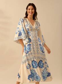 CAJUNI Đầm dài hở lưng họa tiết hoa nhiệt đới Boho cho nữ, cổ chữ V, tay cánh dơi, dành cho kỳ nghỉ hè, màu be - Nhiều màu - Xem 6