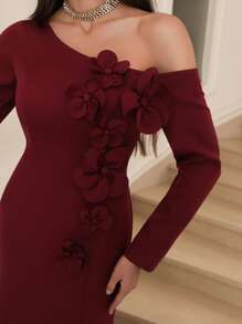 Modelyn Women's Elegant Solid Color Asymmetric Neck 3D Flower Decoration Fishtail Long Dress Women Dresses Birthday - Red - View 6